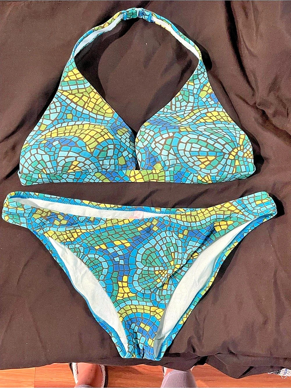 Victoria's Secret Mosaic Garden Halter Bikini Set Blue & Green Large